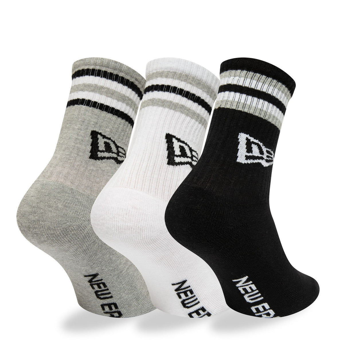 New Era Retro Stripe 3 Pack Crew Black, Grey and White Socks-klyvox