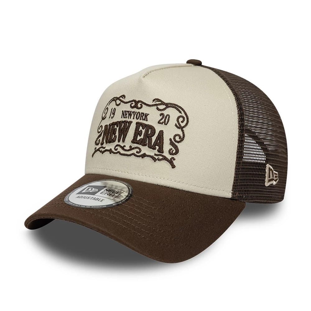 New Era Frame Logo Dark Brown 9FORTY A-Frame Trucker Adjustable Cap-klyvox