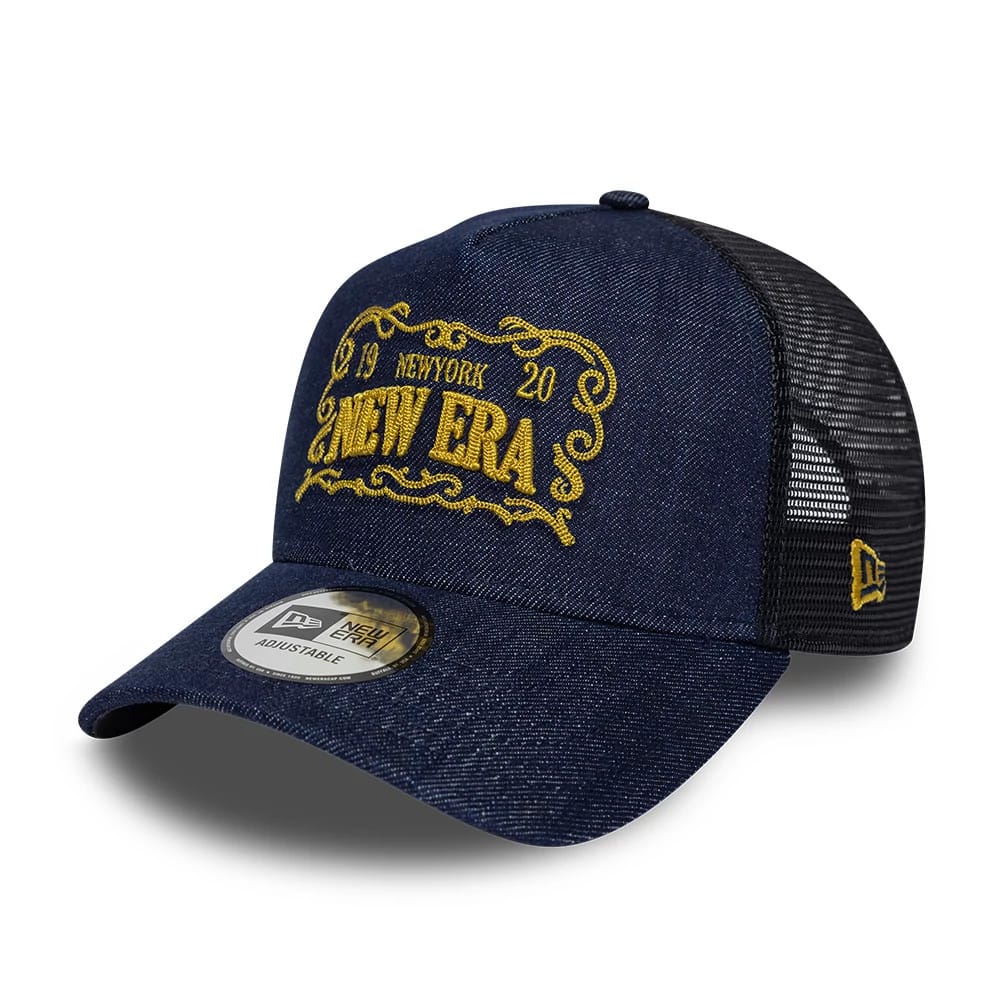New Era Frame Logo Navy 9FORTY A-Frame Trucker Adjustable Cap-klyvox