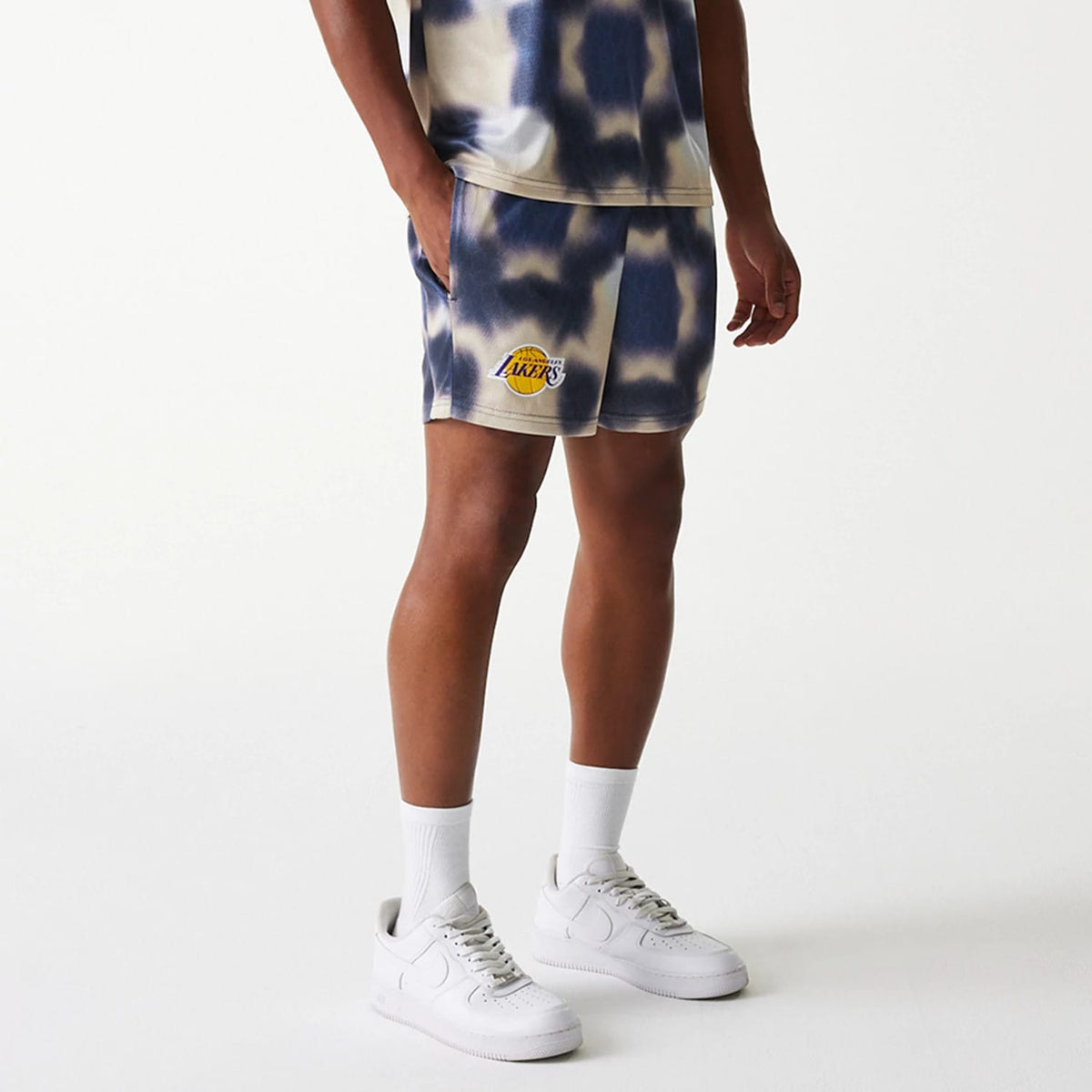 LA Lakers NBA All Over Print Cream Shorts-klyvox