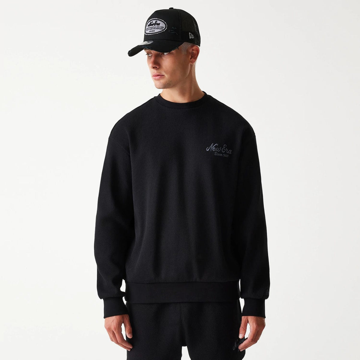 New Era Waffle Black Oversized Crew Neck Sweater-klyvox