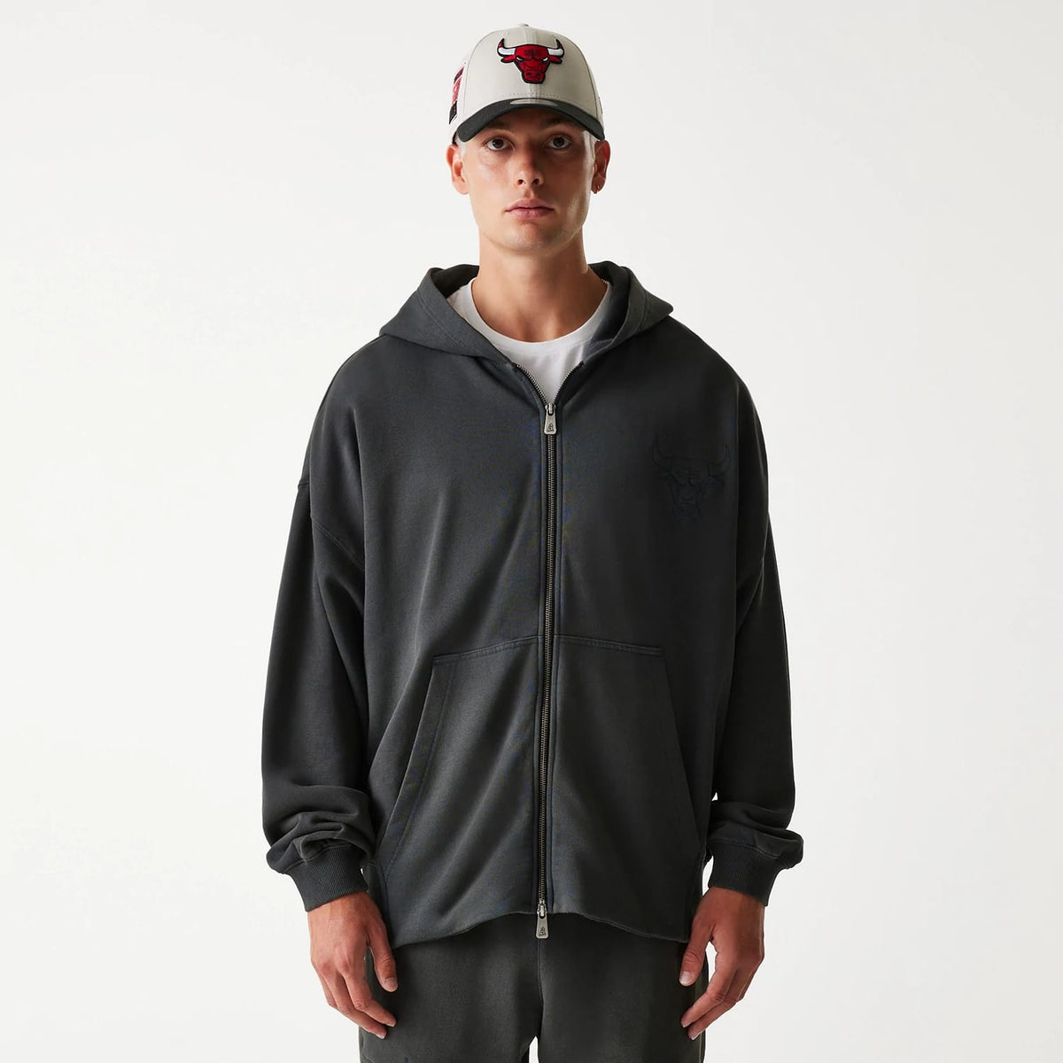 Chicago Bulls NBA Washed Grey Full Zip Hoodie-klyvox