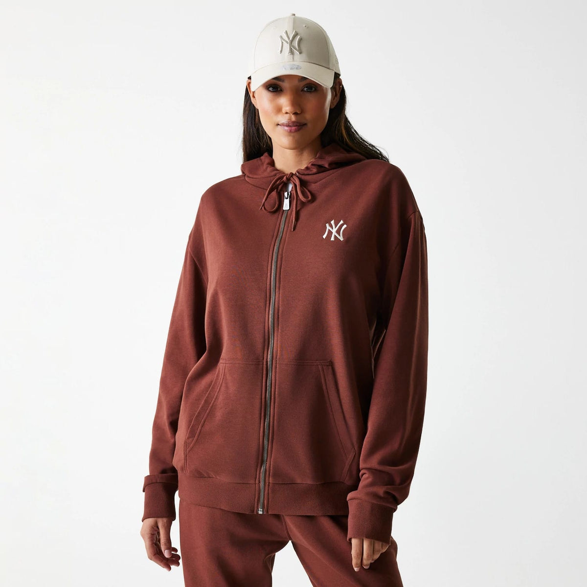 New York Yankees MLB Midi League Essential Brown Oversized Full Zip Hoodie-klyvox