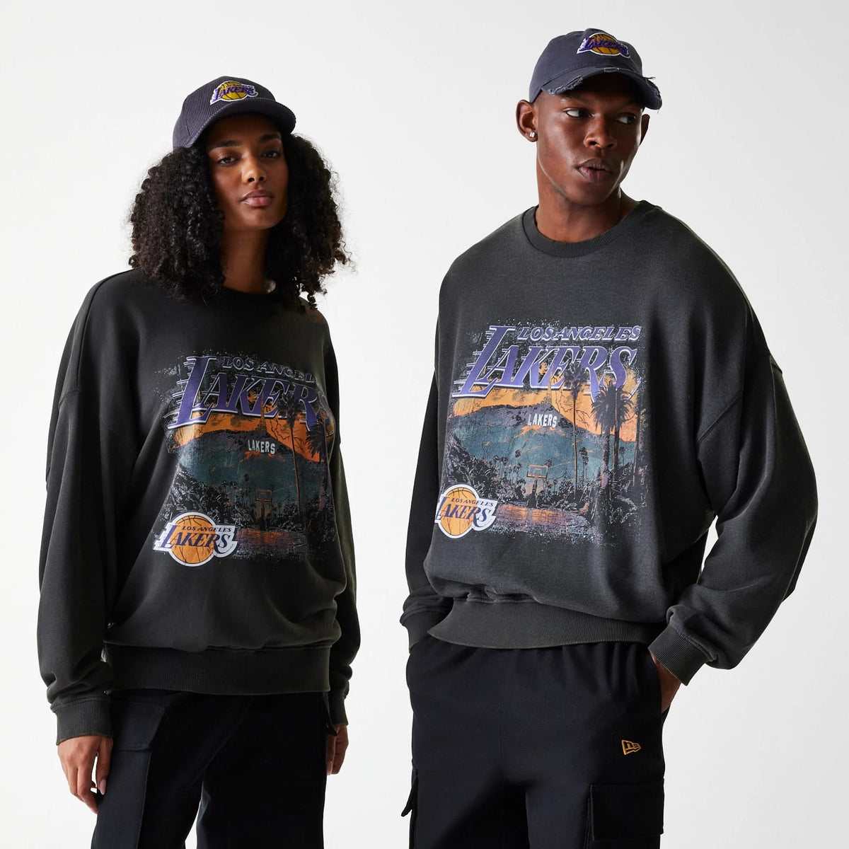 LA Lakers NBA Washed Graphic Grey Oversized Crew Neck Sweater-klyvox