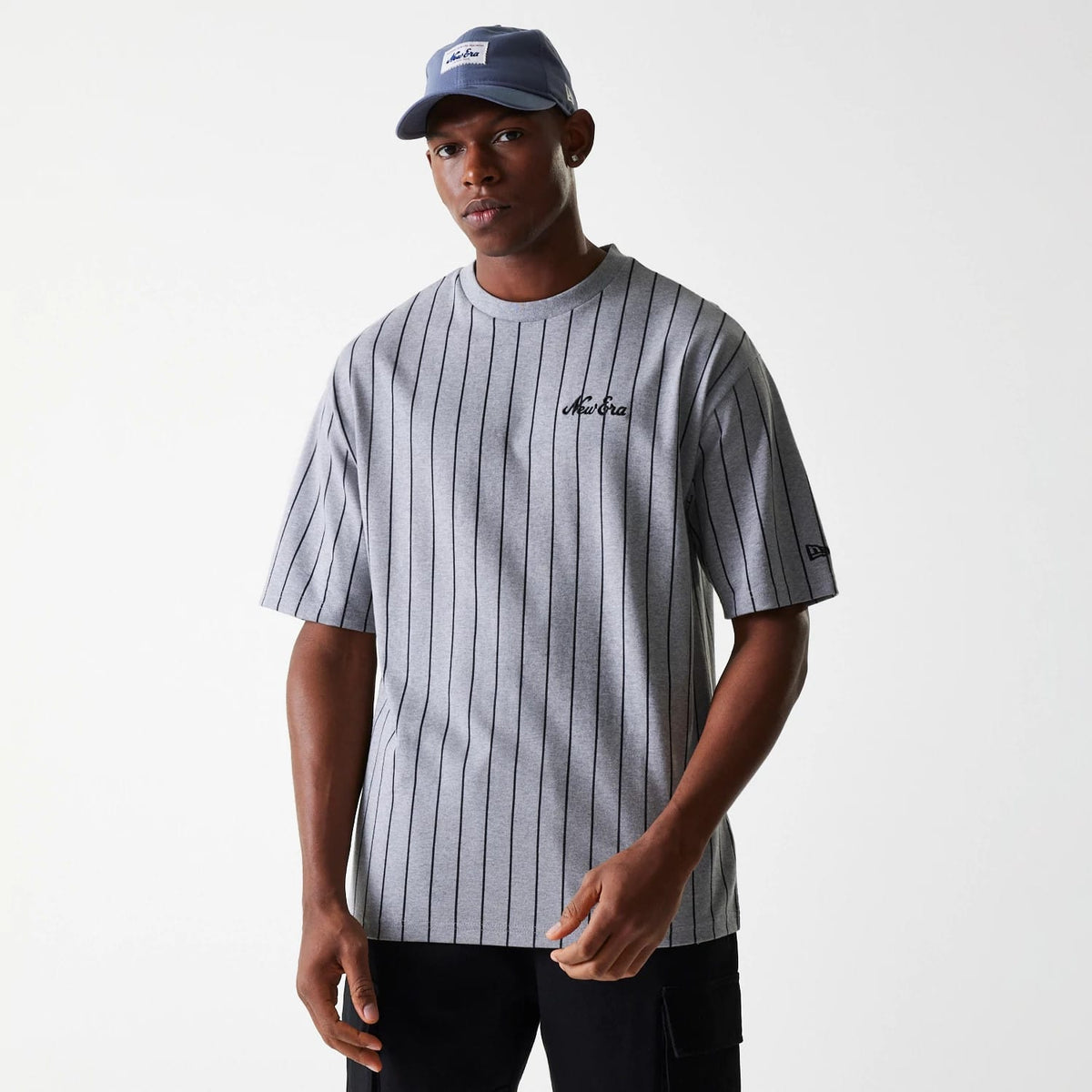 New Era Pinstripe Pastel Grey Oversized T-Shirt-klyvox