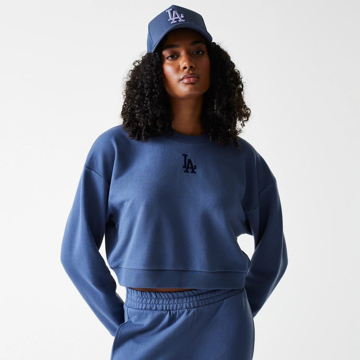 LA Dodgers Womens MLB Midi League Essential Dark Blue Cropped Crew Neck Sweater-klyvox