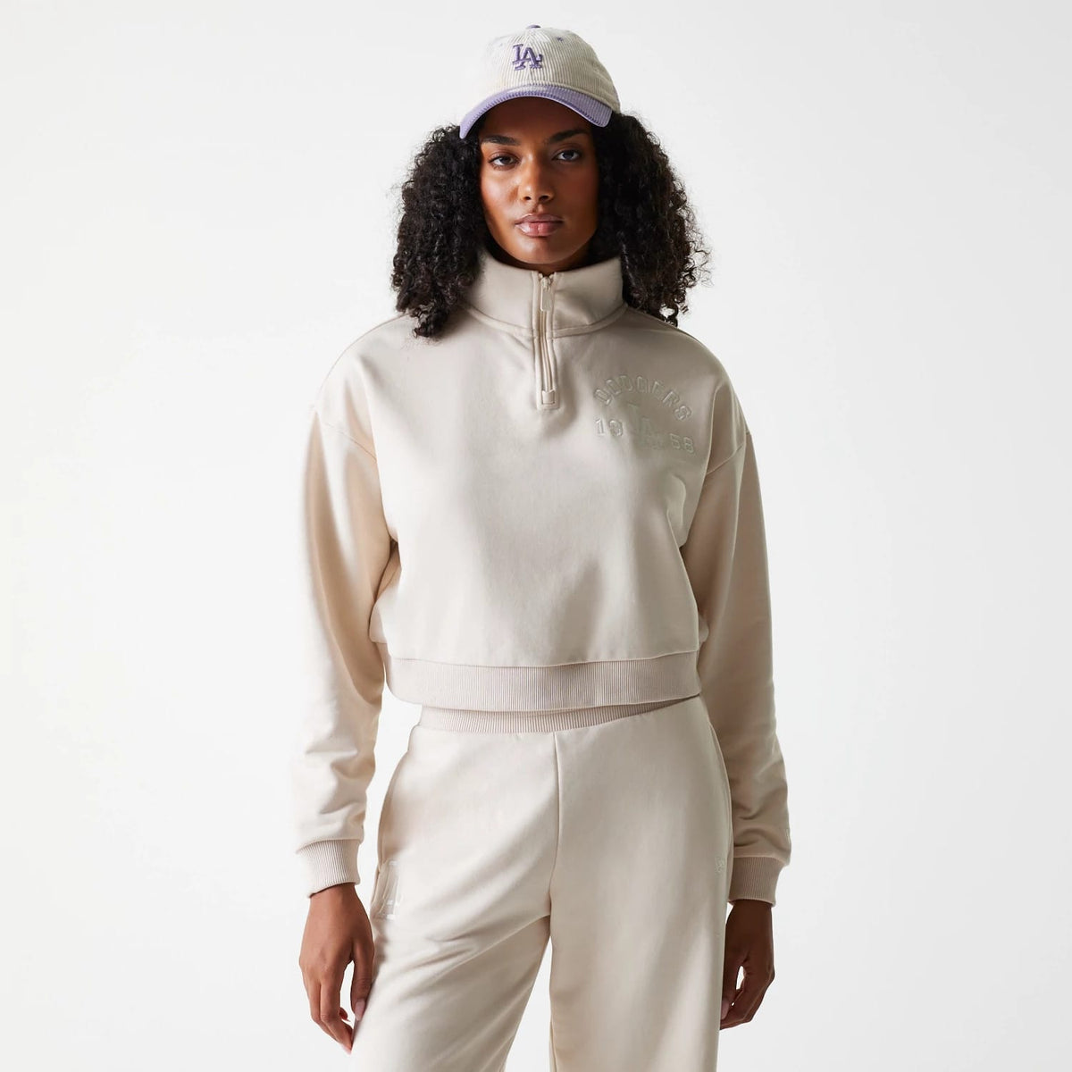 LA Dodgers Womens MLB Tonal Light Beige Cropped 1/4 Zip Sweater-klyvox