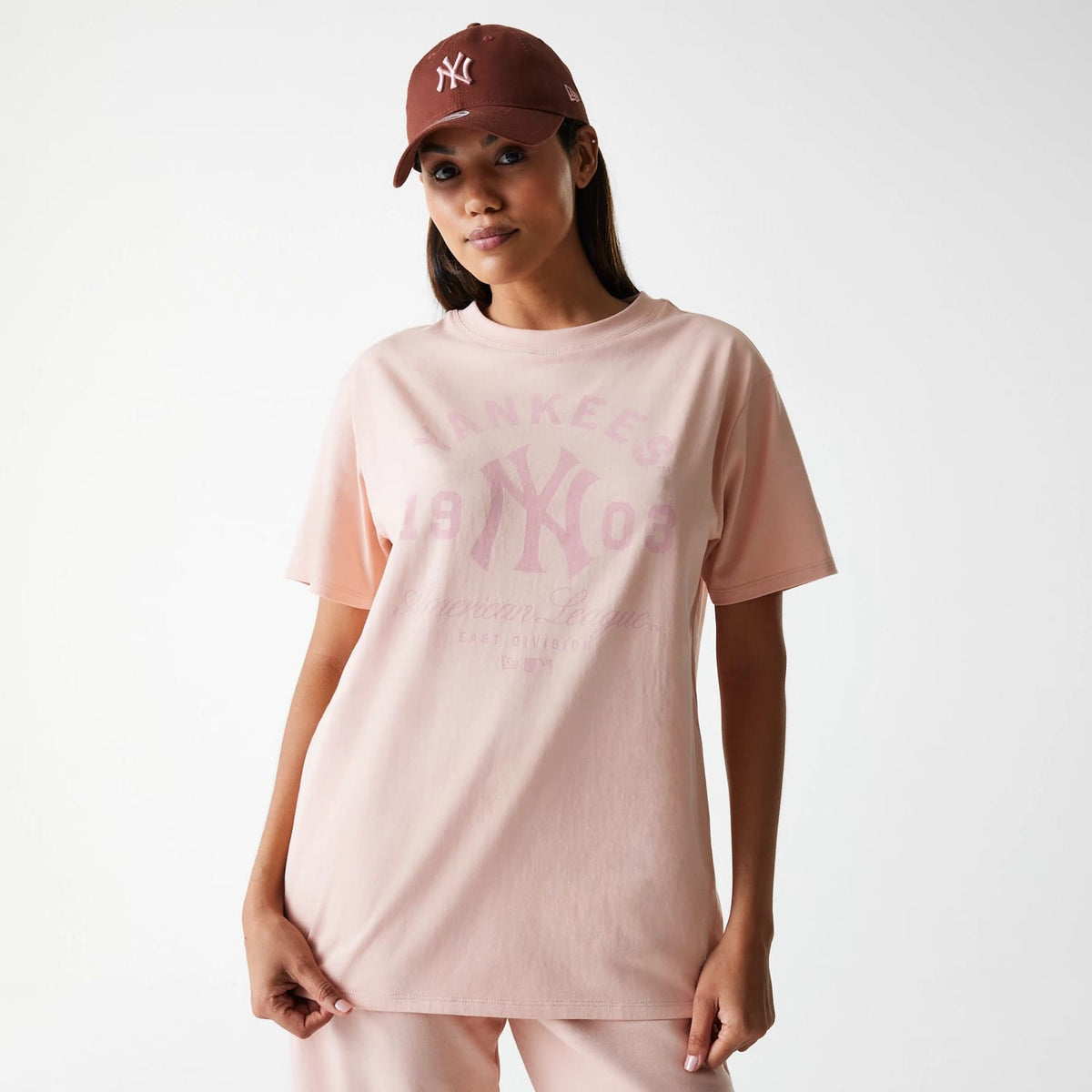 New York Yankees Womens MLB Tonal Graphic Pastel Pink Oversized T-Shirt-klyvox