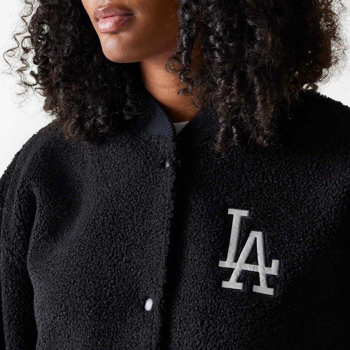 LA Dodgers Womens MLB Black Oversized Sherpa Bomber Jacket-klyvox