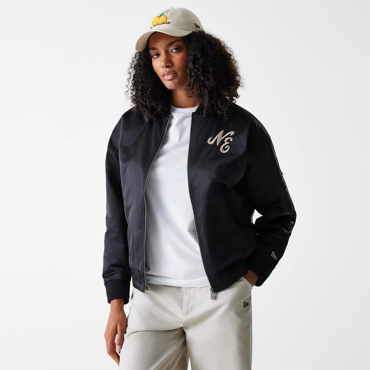Womens New Era Black Satin Bomber Jacket-klyvox
