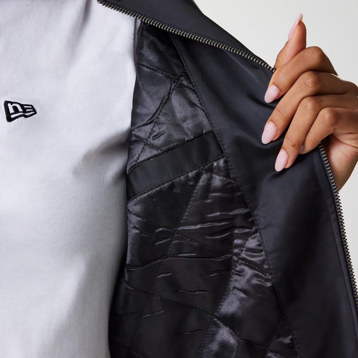 Womens New Era Black Satin Bomber Jacket-klyvox