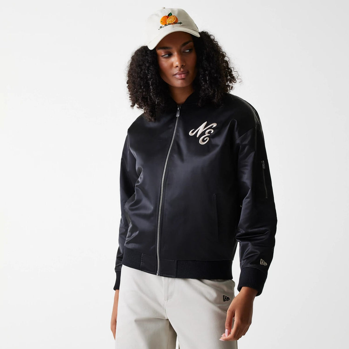 Womens New Era Black Satin Bomber Jacket-klyvox