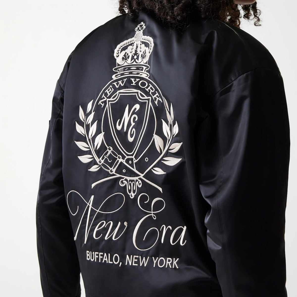 Womens New Era Black Satin Bomber Jacket-klyvox