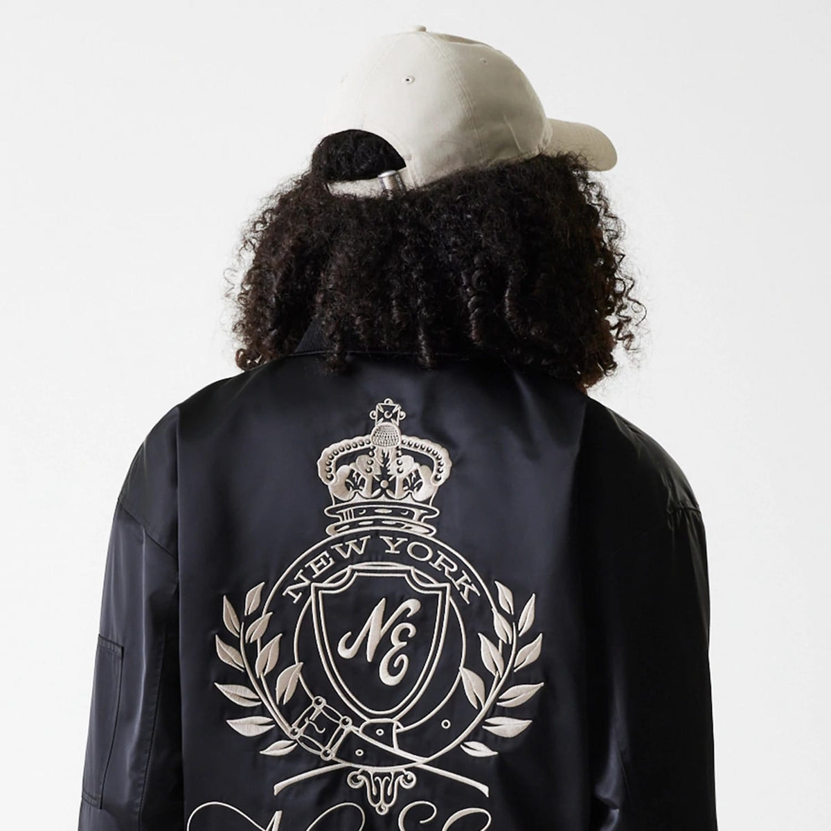 Womens New Era Black Satin Bomber Jacket-klyvox