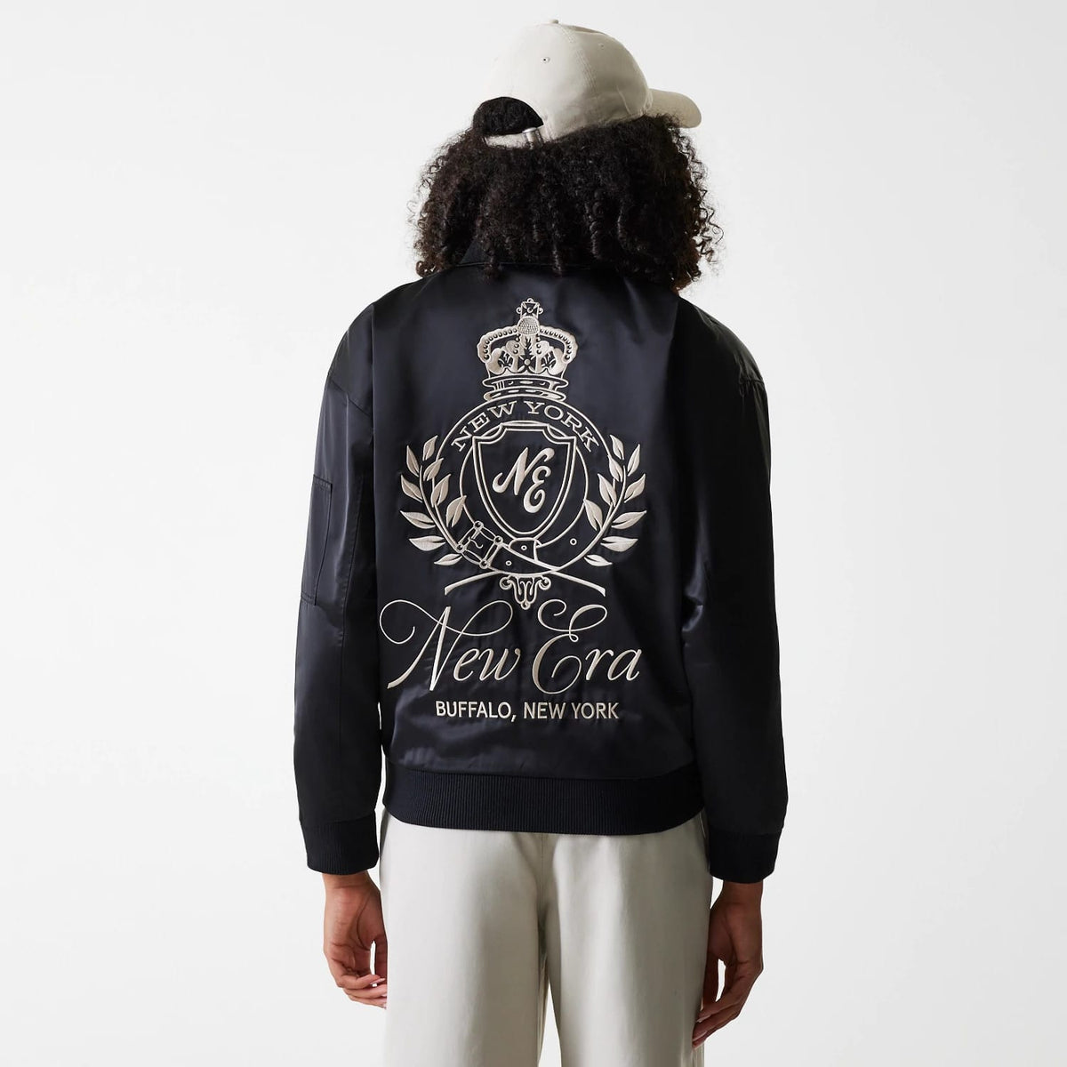 Womens New Era Black Satin Bomber Jacket-klyvox