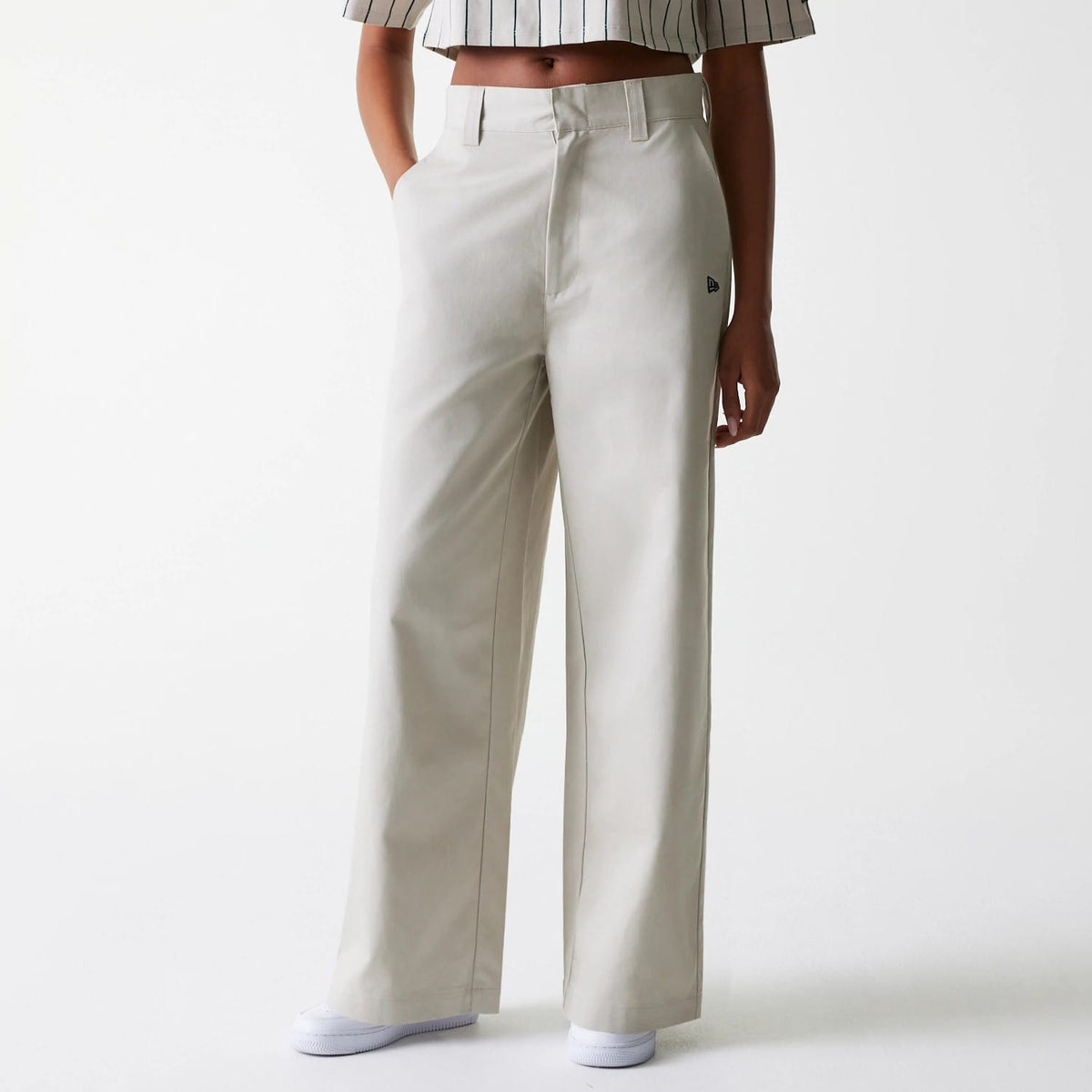 Womens New Era Light Beige Wide Leg Chino Trousers-klyvox