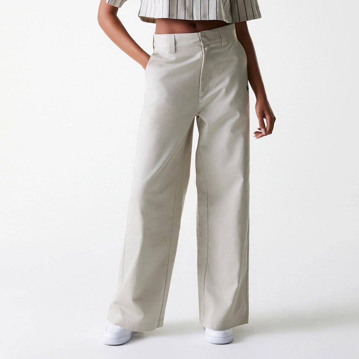 Womens New Era Light Beige Wide Leg Chino Trousers-klyvox