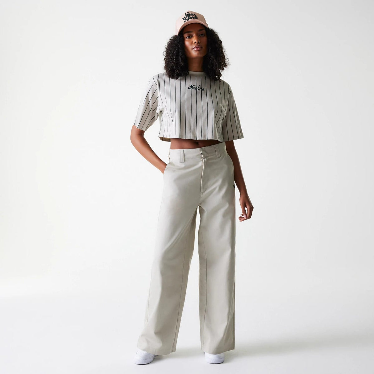 Womens New Era Light Beige Wide Leg Chino Trousers-klyvox