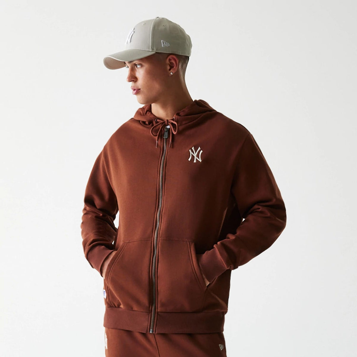 New York Yankees MLB Midi League Essential Brushed Fleece Brown Oversized Full Zip Hoodie-klyvox