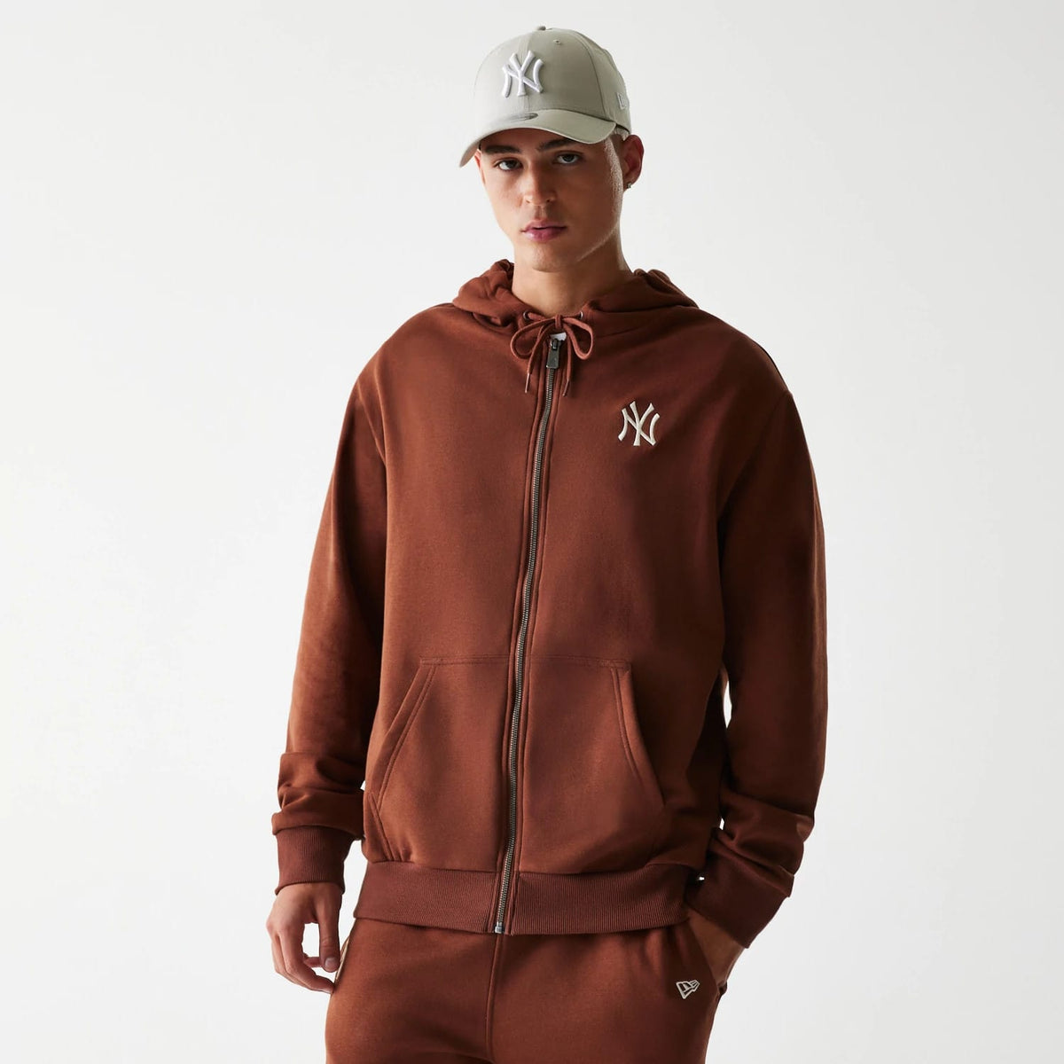 New York Yankees MLB Midi League Essential Brushed Fleece Brown Oversized Full Zip Hoodie-klyvox