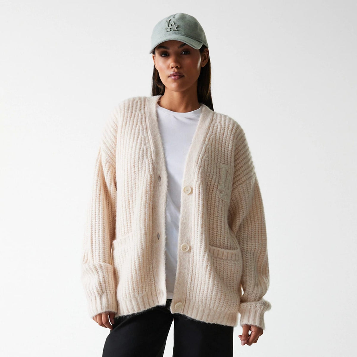 LA Dodgers Womens MLB Knit Light Beige Cardigan-klyvox