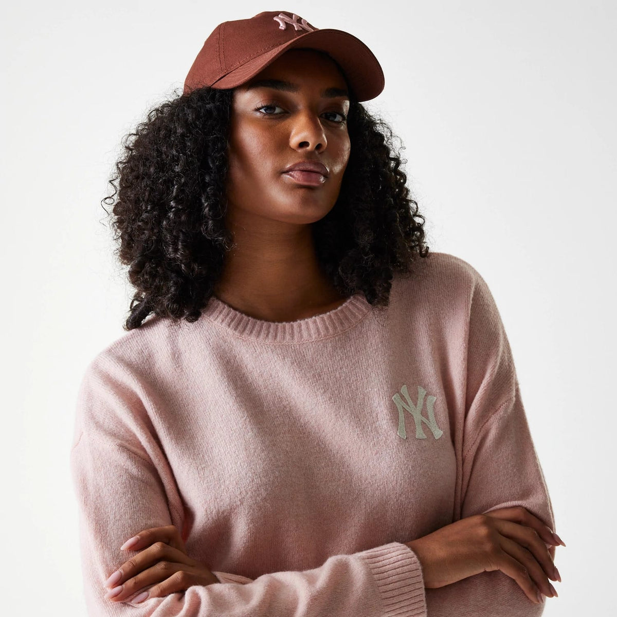 New York Yankees Womens MLB Knit Pastel Pink Crew Neck Sweater-klyvox