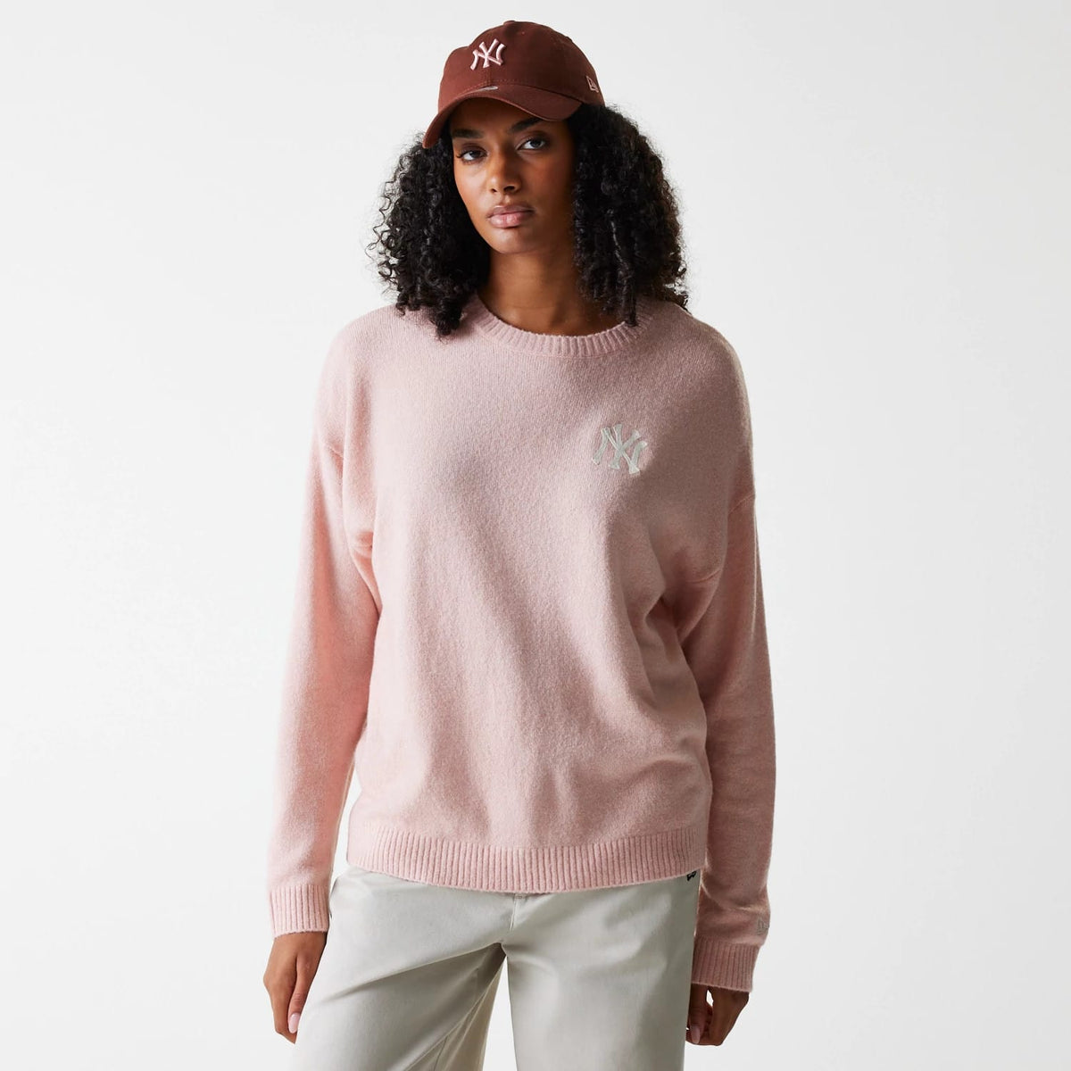 New York Yankees Womens MLB Knit Pastel Pink Crew Neck Sweater-klyvox