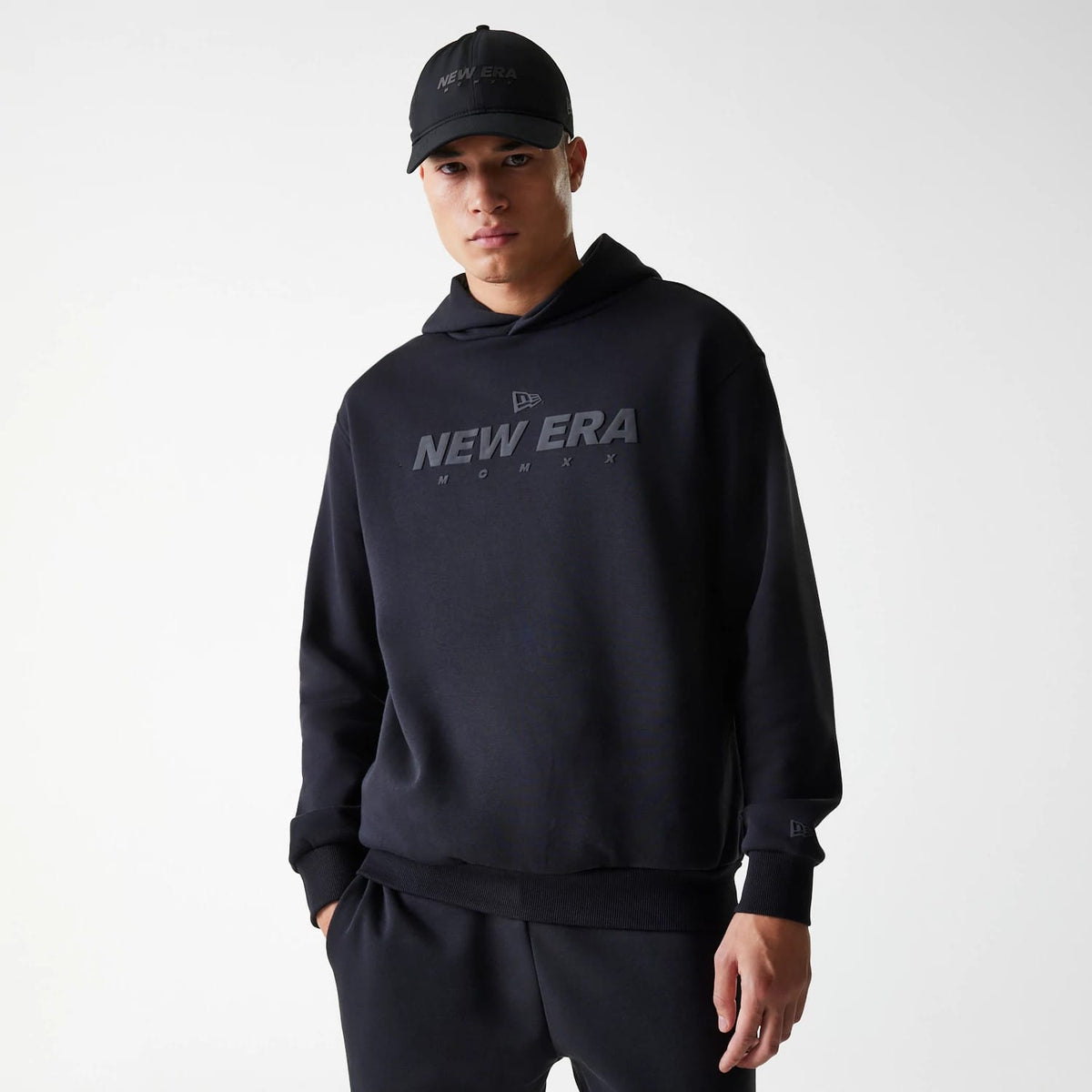 New Era Tech Black Oversized Pullover Hoodie-klyvox