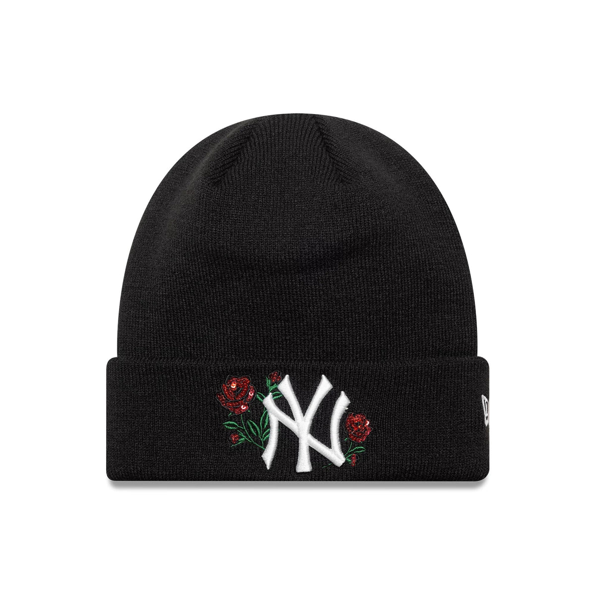 New York Yankees MLB Sequin Rose Black Cuff Knit Beanie Hat-klyvox
