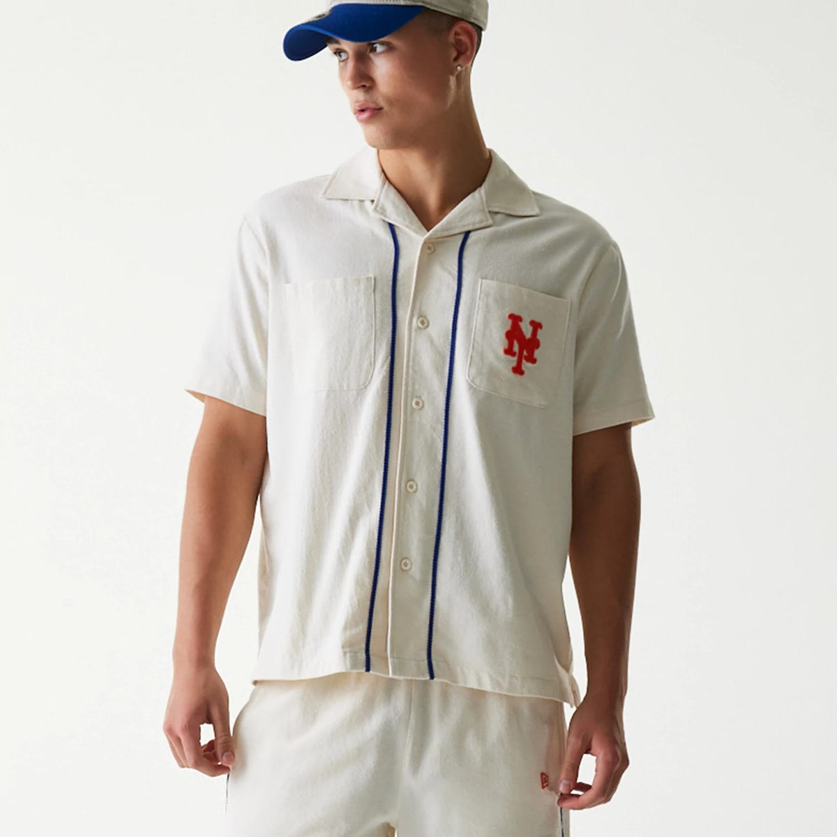 New York Mets MLB Piping Open Cream Short Sleeve Shirt-klyvox