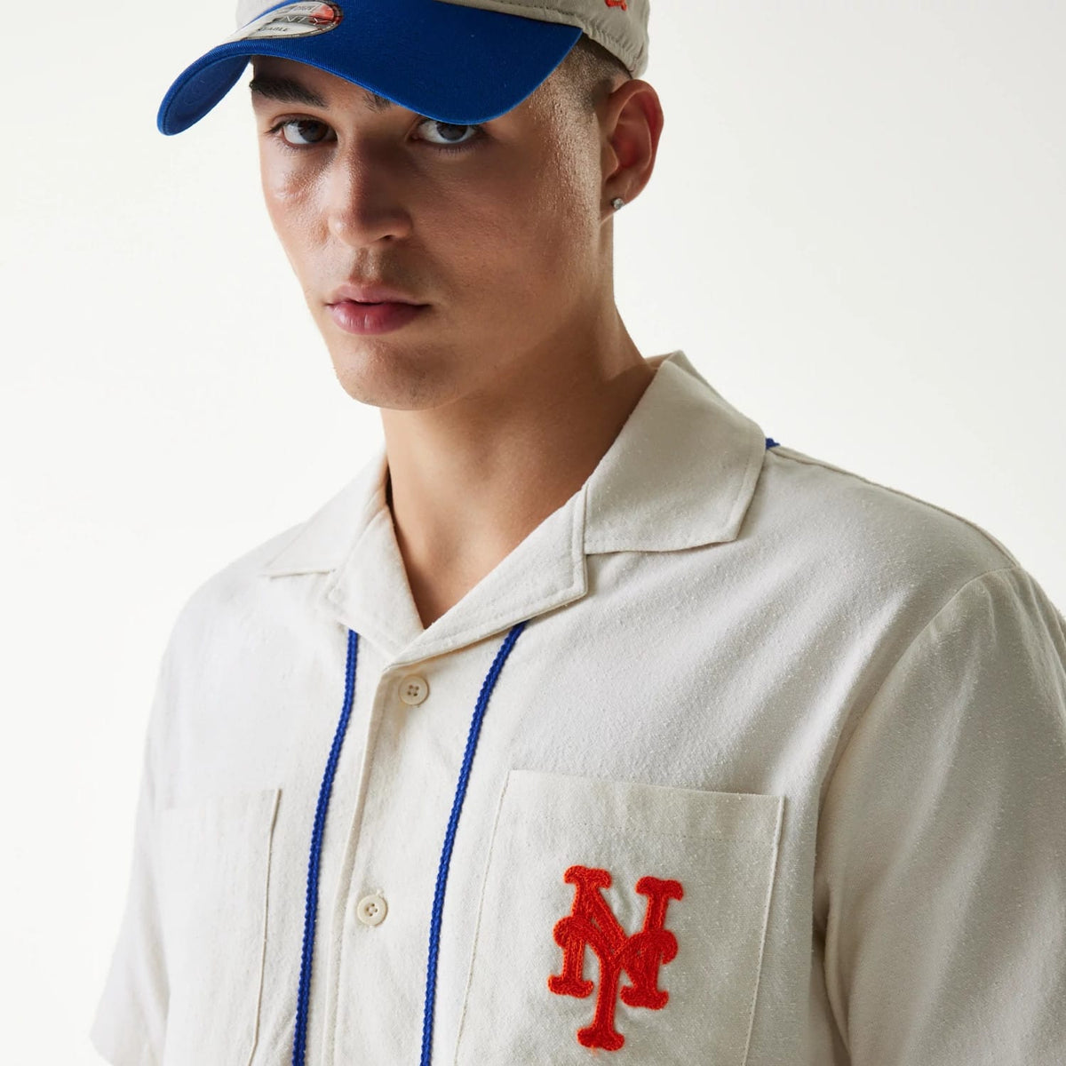 New York Mets MLB Piping Open Cream Short Sleeve Shirt-klyvox