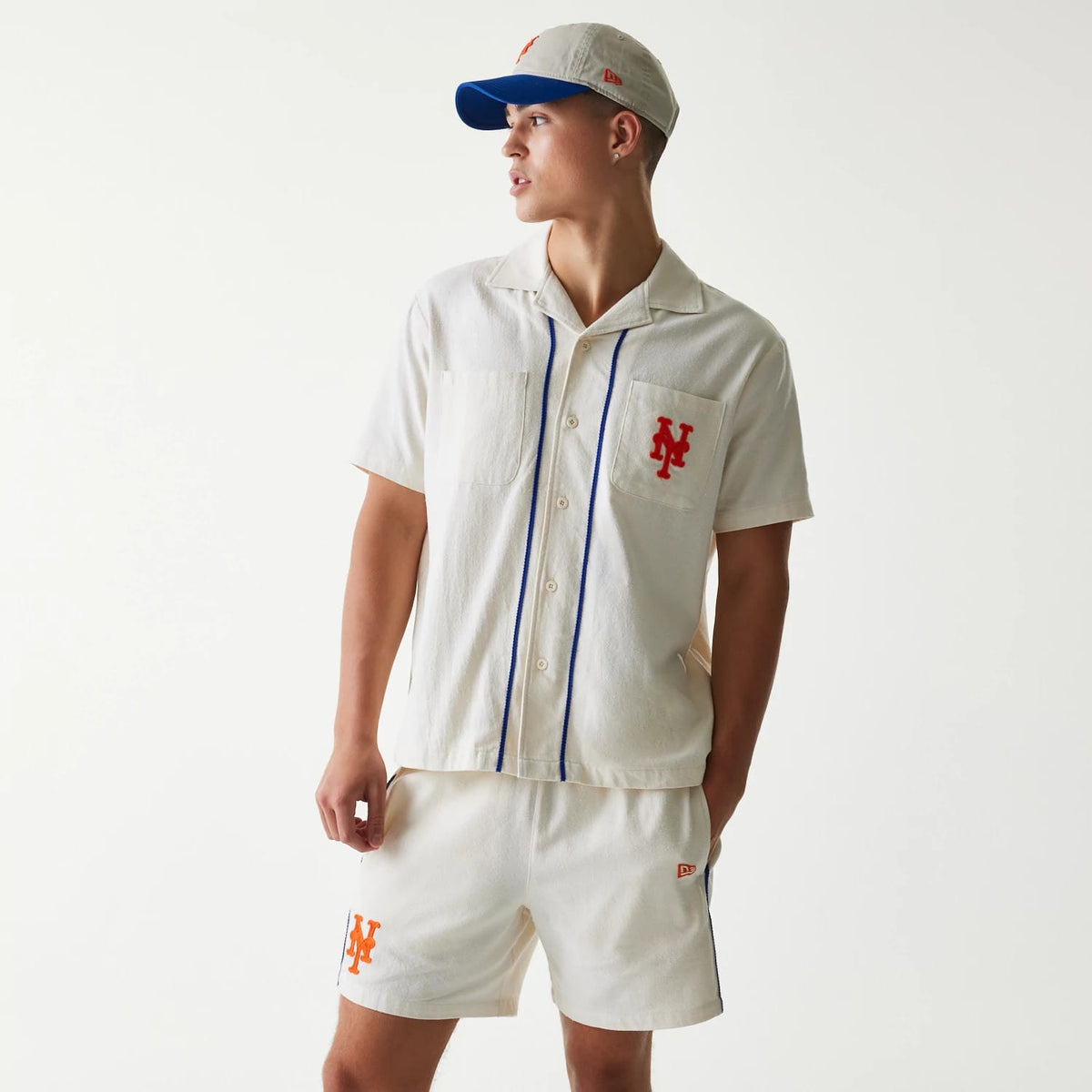 New York Mets MLB Piping Open Cream Short Sleeve Shirt-klyvox