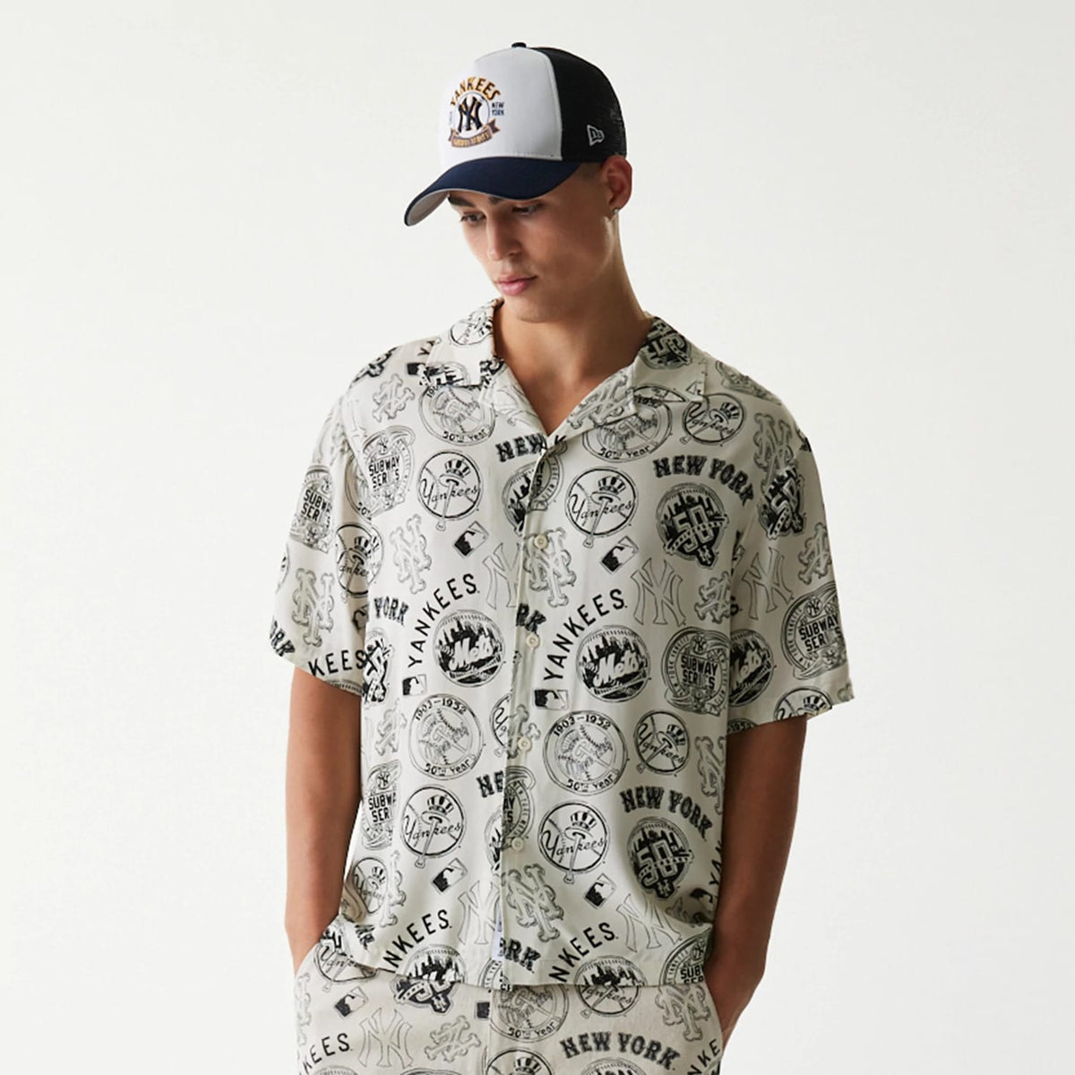 MLB Subway Series All Over Print Open White Short Sleeve Shirt-klyvox
