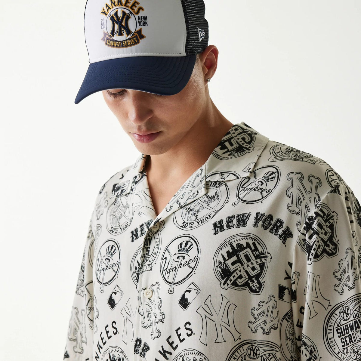 MLB Subway Series All Over Print Open White Short Sleeve Shirt-klyvox