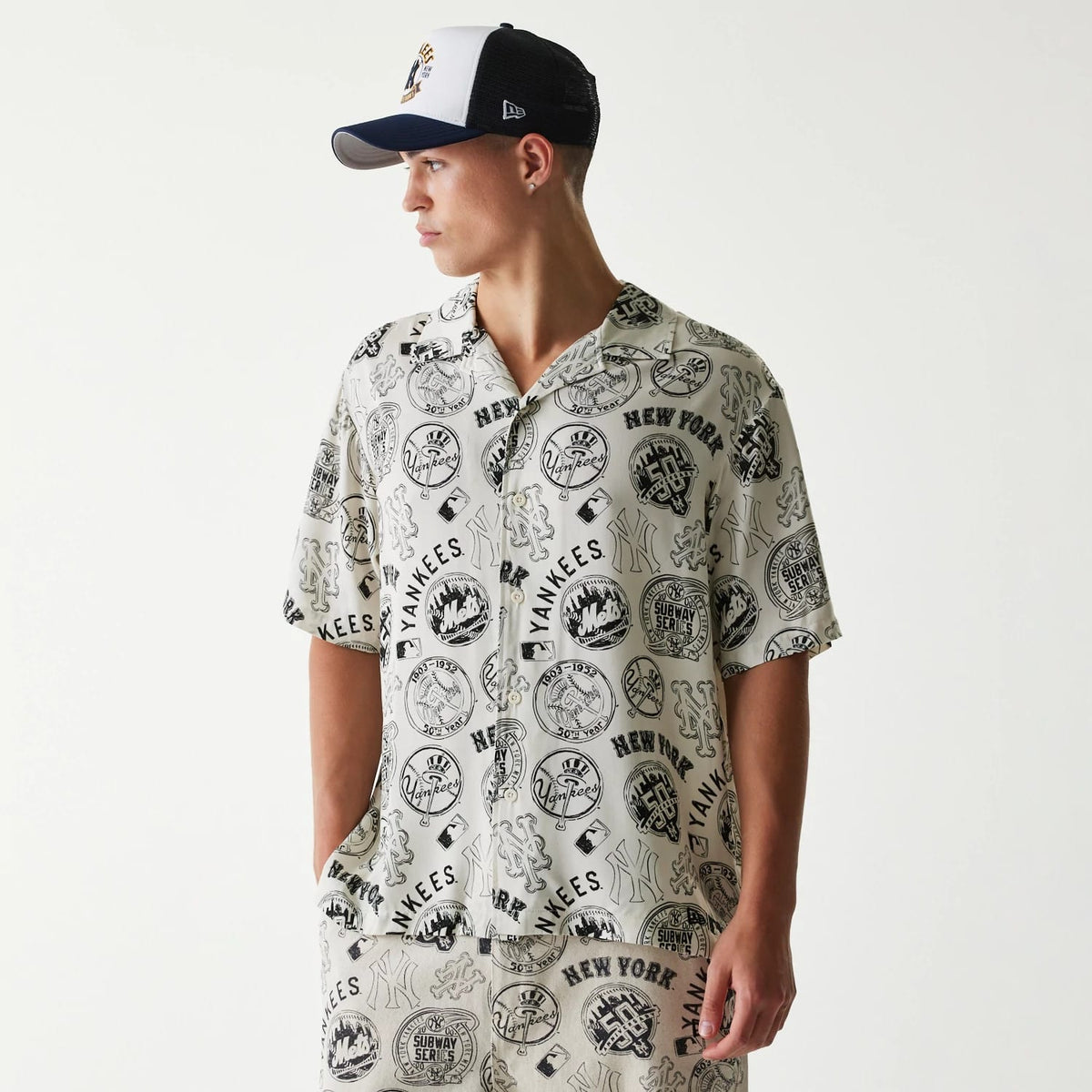 MLB Subway Series All Over Print Open White Short Sleeve Shirt-klyvox
