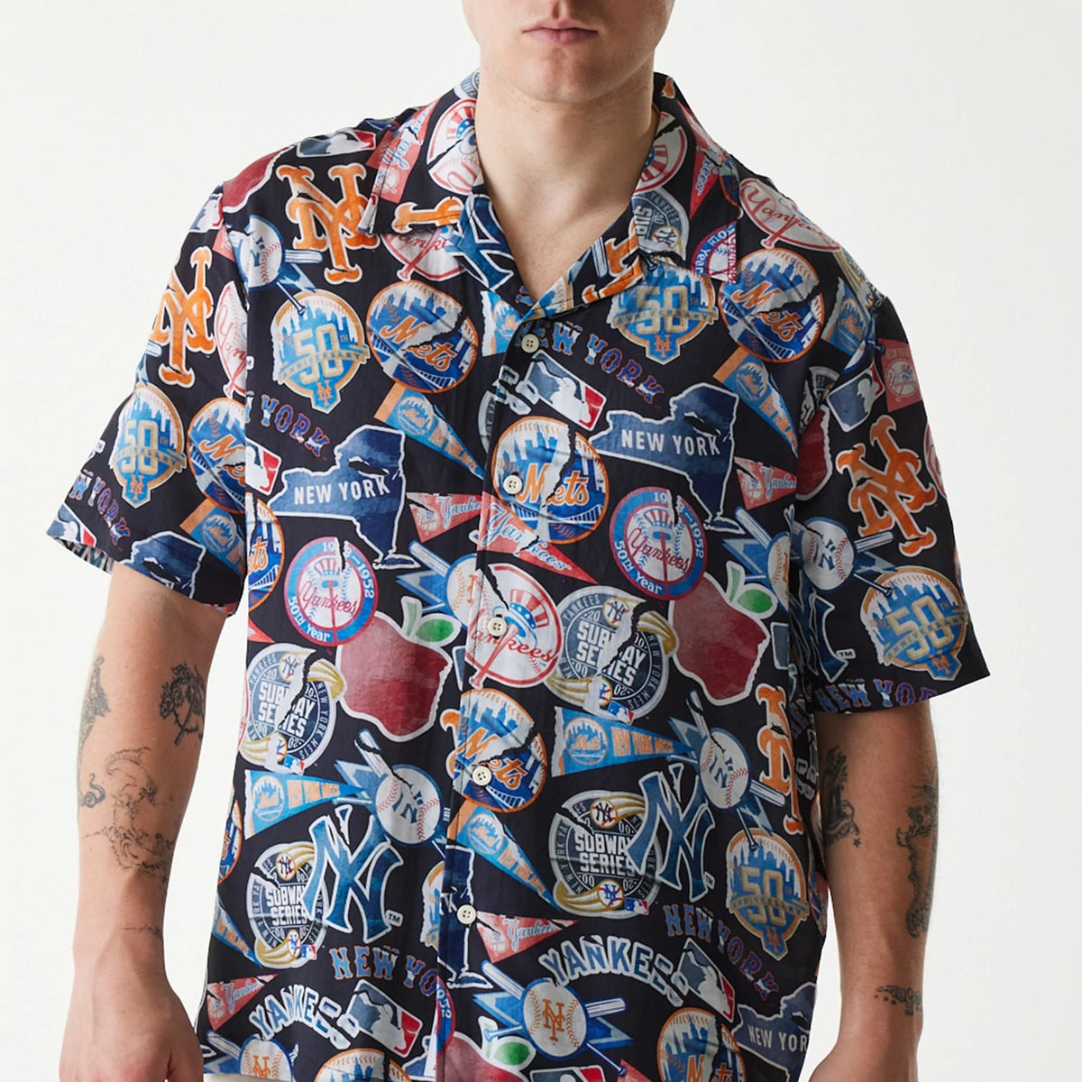 MLB Subway Series All Over Print Navy Short Sleeve Shirt-klyvox