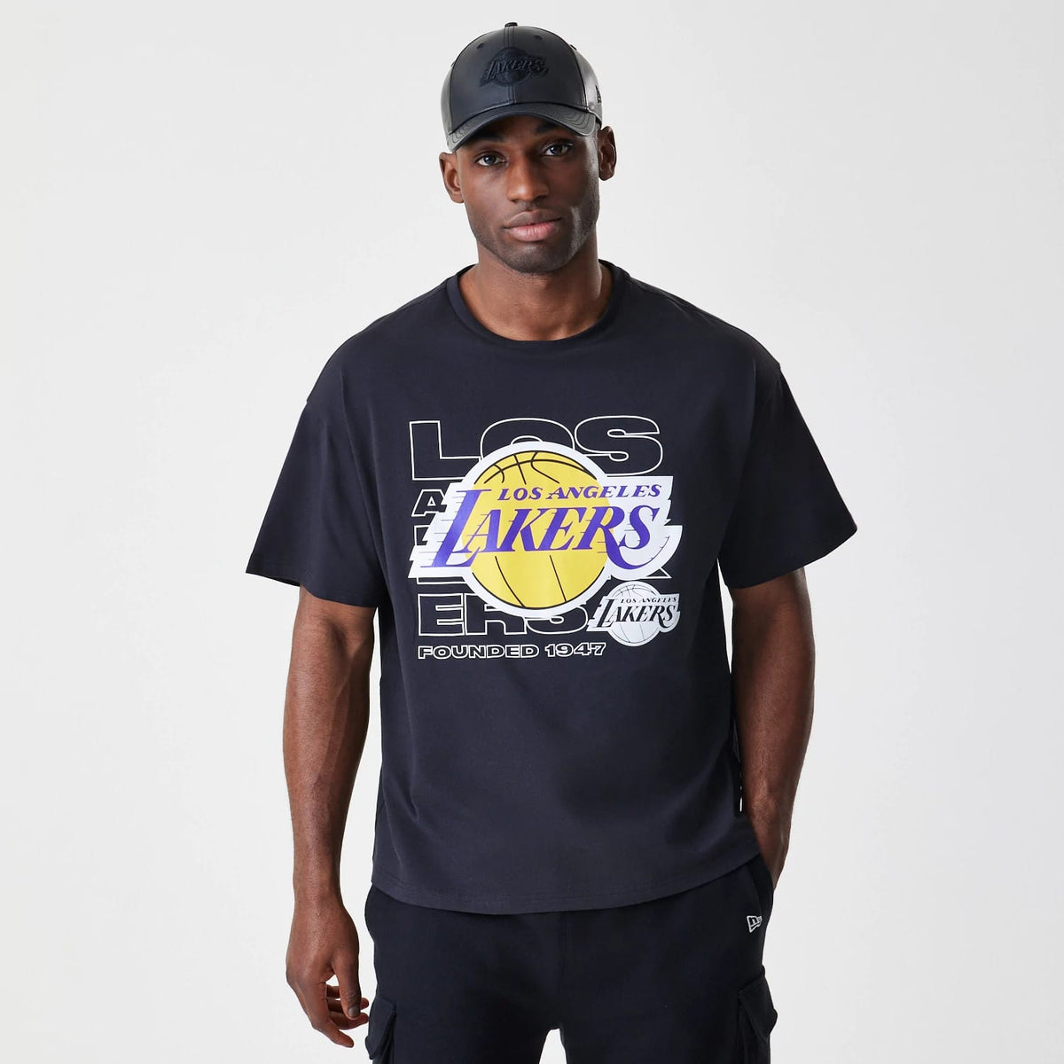 LA Lakers NBA Outline Graphic Navy Oversized T-Shirt-klyvox
