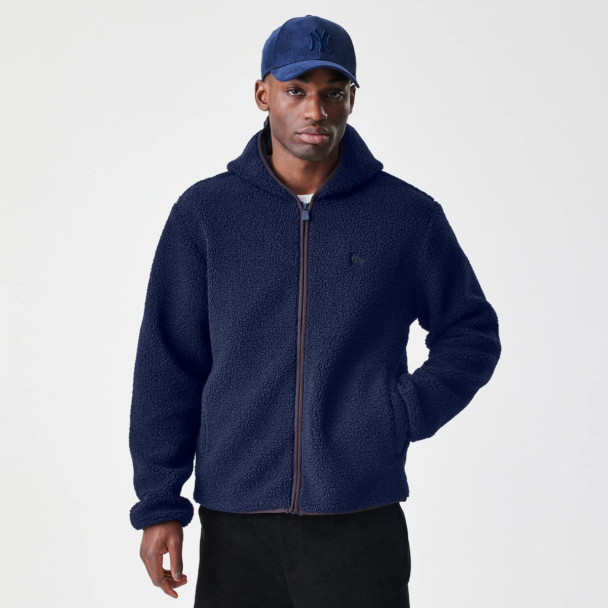 New Era Navy Hooded Sherpa Jacket-klyvox