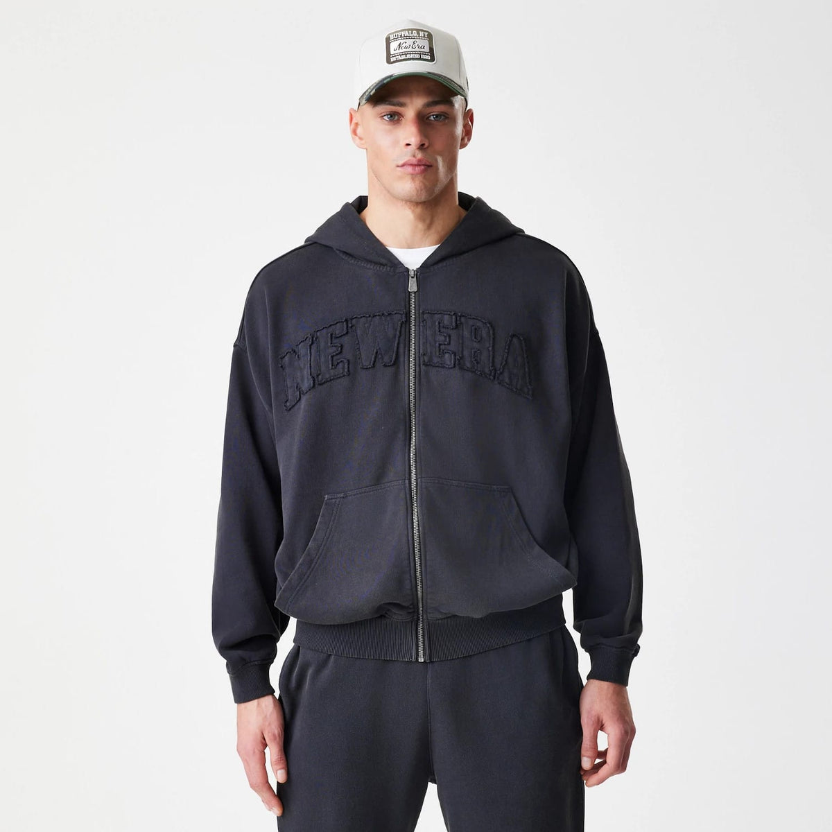 New Era Washed Black Oversized Full Zip Hoodie-klyvox