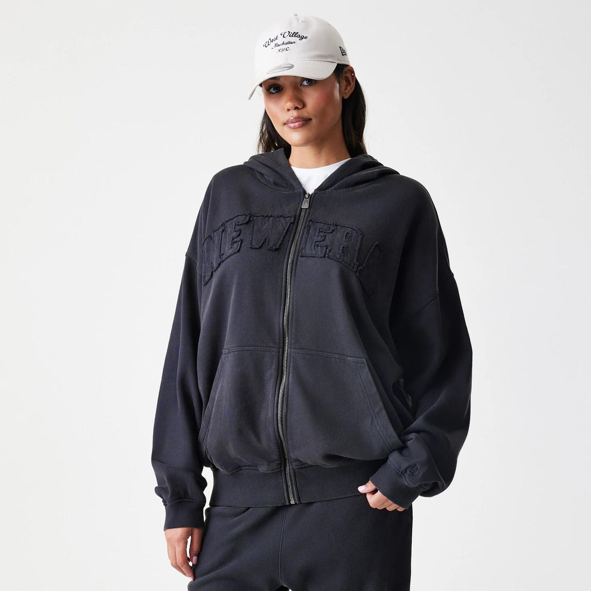 New Era Washed Black Oversized Full Zip Hoodie-klyvox