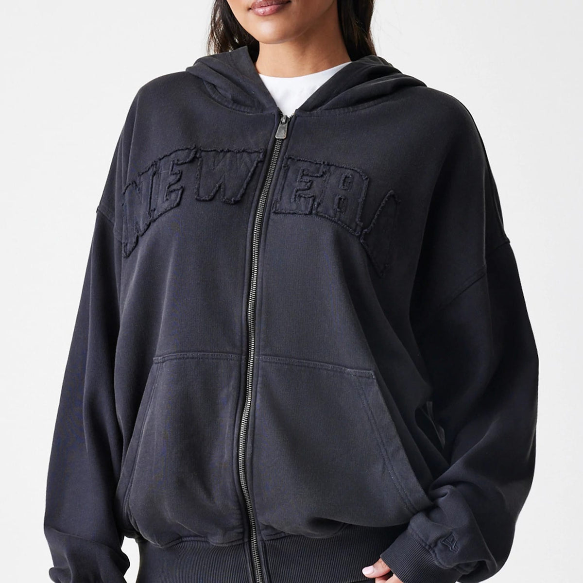 New Era Washed Black Oversized Full Zip Hoodie-klyvox