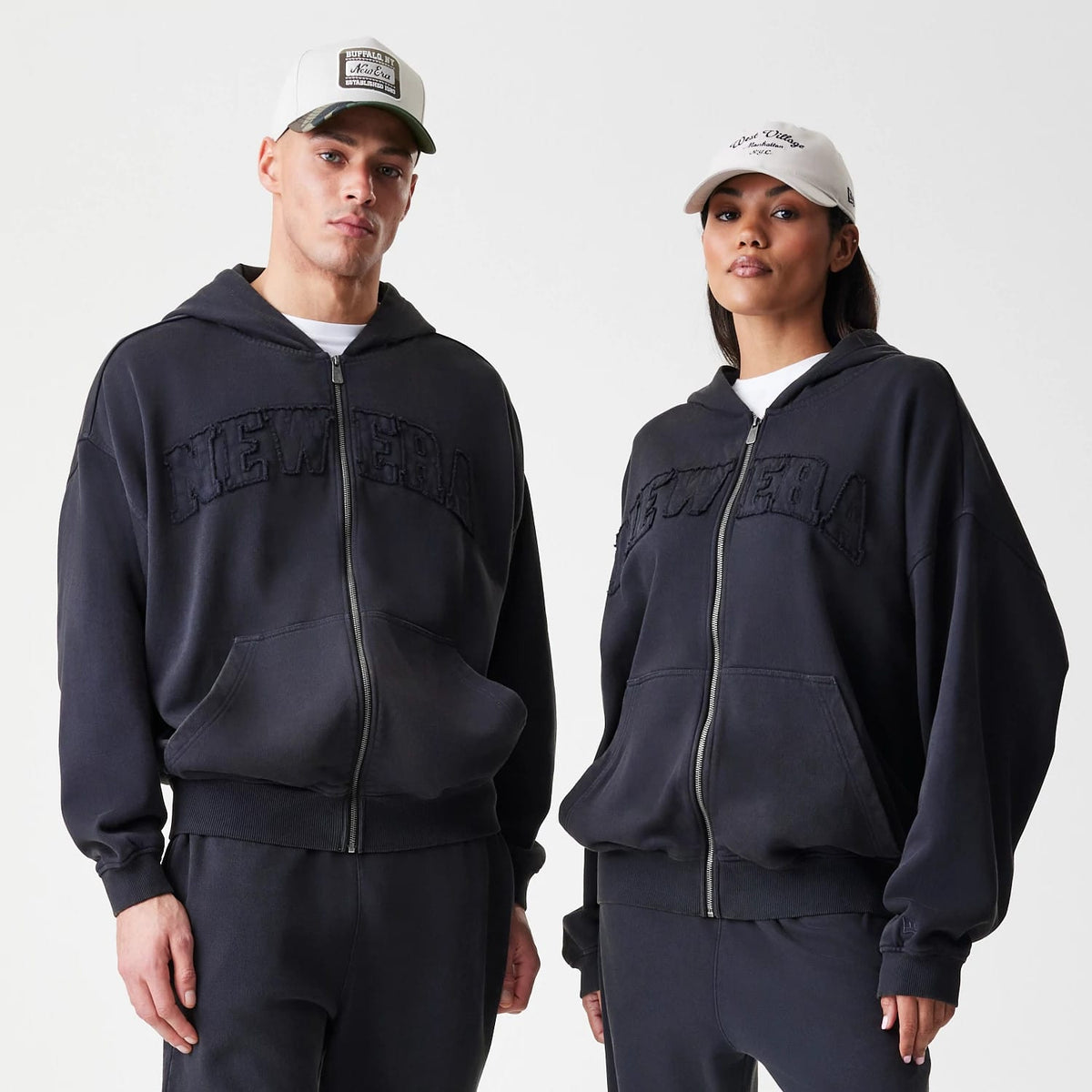 New Era Washed Black Oversized Full Zip Hoodie-klyvox