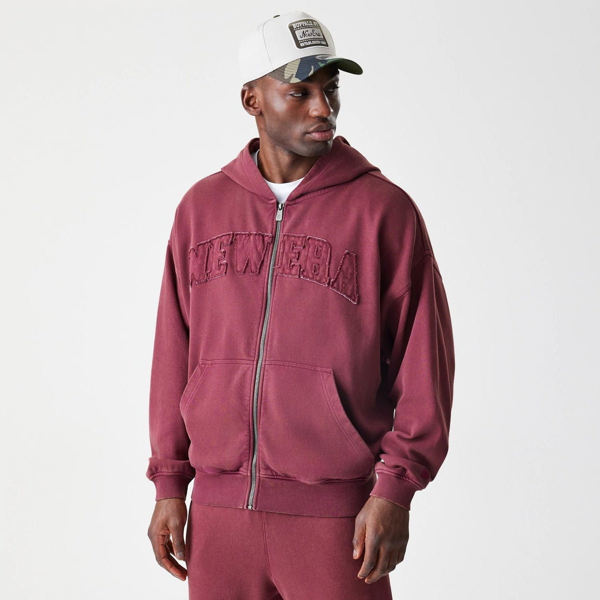 New Era Washed Dark Red Oversized Full Zip Hoodie-klyvox