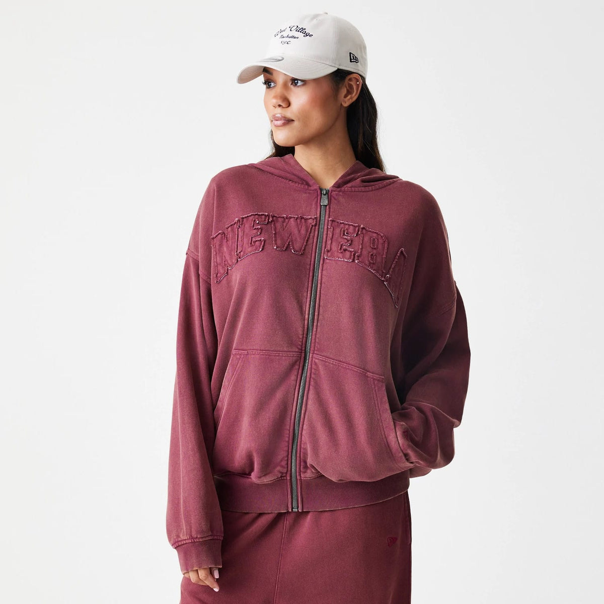 New Era Washed Dark Red Oversized Full Zip Hoodie-klyvox