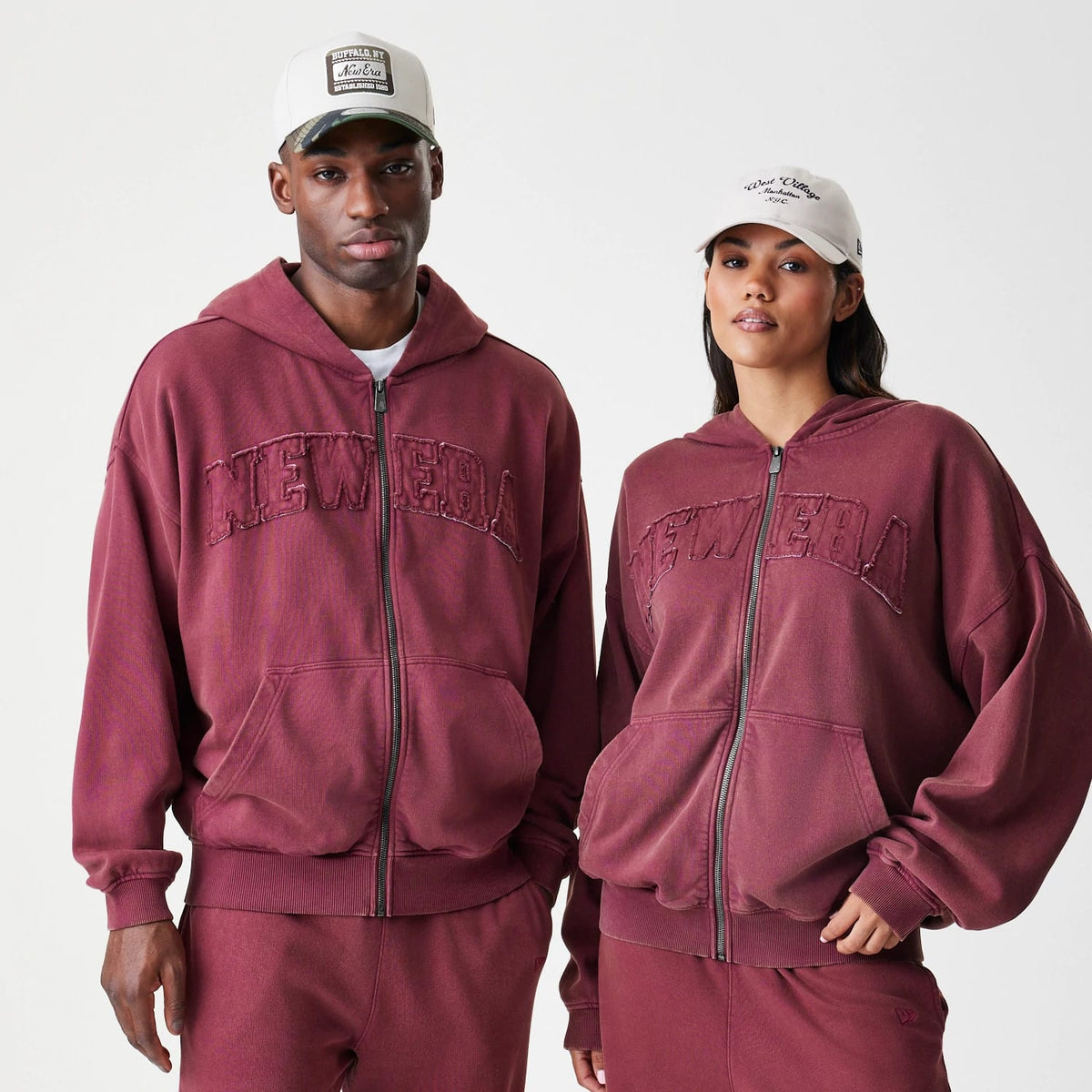 New Era Washed Dark Red Oversized Full Zip Hoodie-klyvox