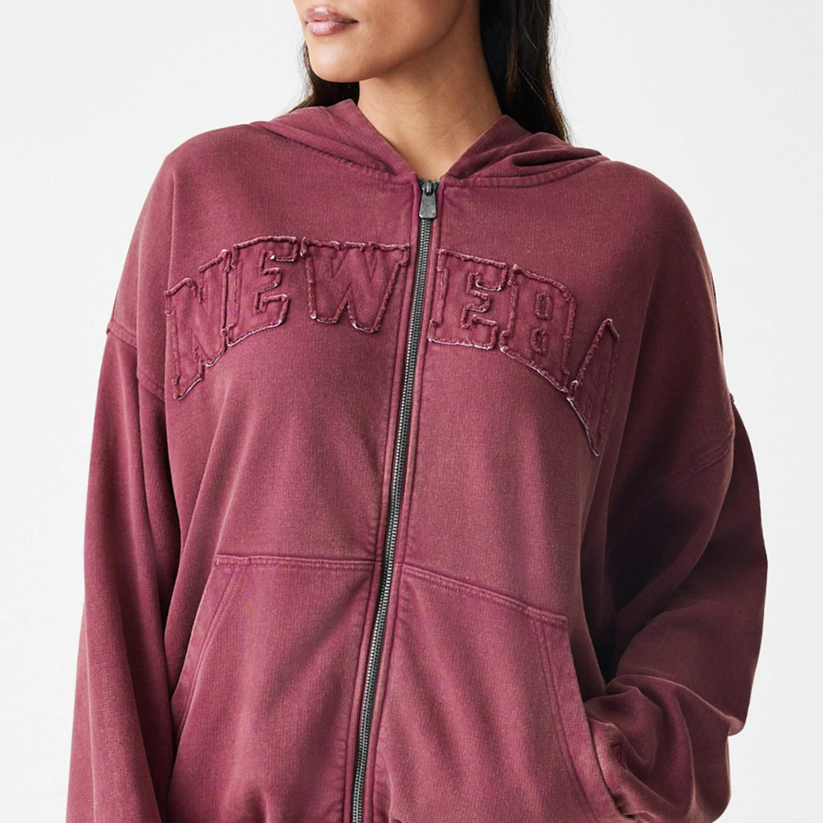 New Era Washed Dark Red Oversized Full Zip Hoodie-klyvox