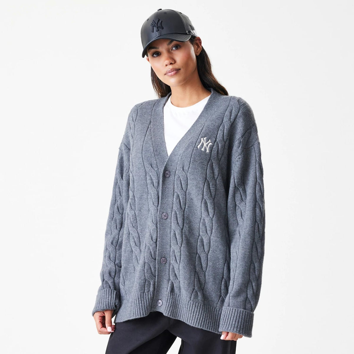 New York Yankees MLB Cable Knit Dark Grey Cardigan-klyvox