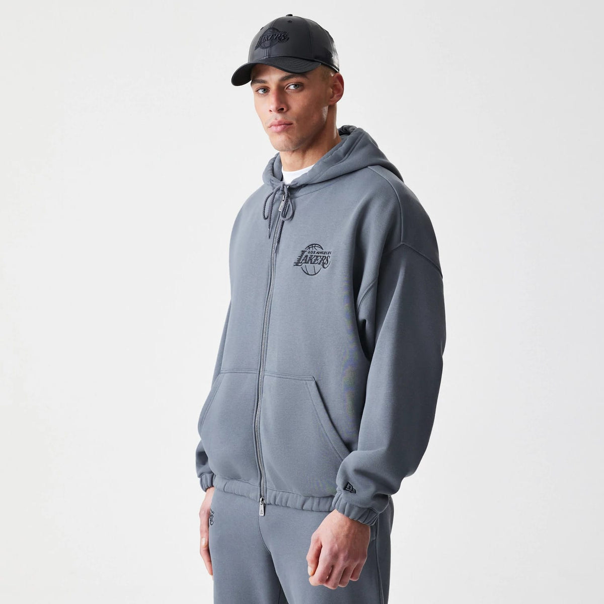 LA Lakers NBA Linear Dark Grey Oversized Full Zip Hoodie-klyvox