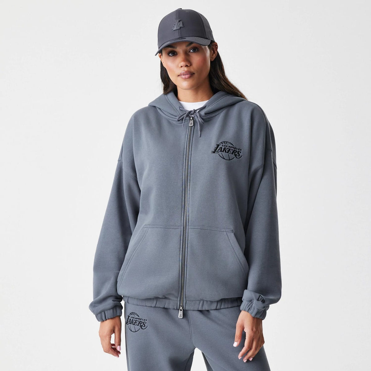 LA Lakers NBA Linear Dark Grey Oversized Full Zip Hoodie-klyvox