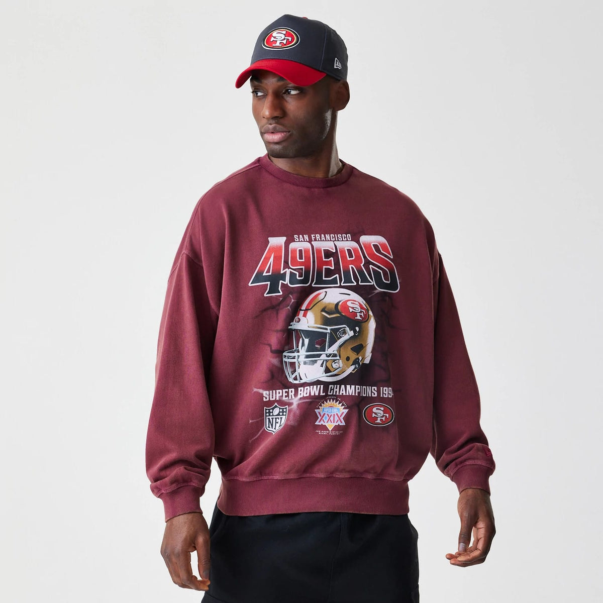 San Francisco 49ers NFL Washed Boxy Dark Red Oversized Crew Neck Sweater-klyvox